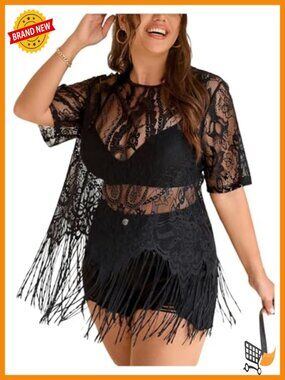 Plus Size Boho Fringe Tops Lace Sheer Short Sleeve Tassel T Shirt Blouse